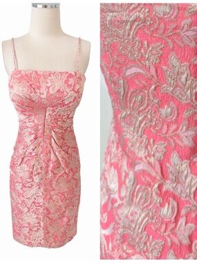 Chetta B Pink Cream Gold Brocade Midi Cocktail Dress Sz 2